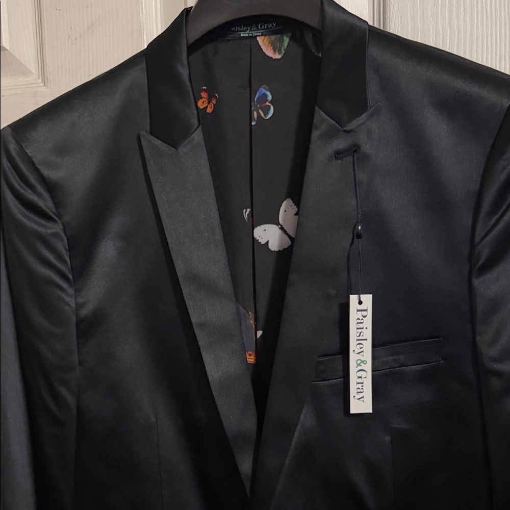 Paisley & Gray Black Satin Tuxedo Jacket with Butterfly-Print Lining